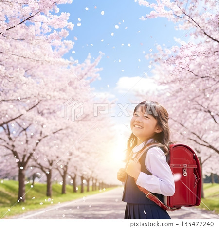 Cherry blossom trees and a first-grade girl - Image of elementary school entrance ceremony and new life in spring 135477240