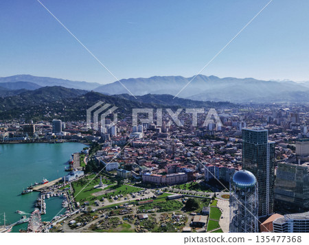 Batumi, Georgia - Aerial View of the City, Port, and Mountains Batumi, Georgia - Aerial View of the City, Port, and Mountains 135477368