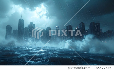 City hit by storm surge and huge waves from typhoon: Flood imagery showing buildings facing flooding amid heavy rain and strong winds 135477646