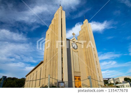 Akureyri Church, the symbol of the city, stands on a hill in Akureyri, the northern capital of the Nordic island nation of Iceland. 135477678
