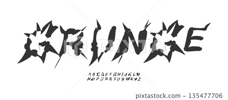 Rough Grunge Font Logo Alphabet Uneven Letter Set Horror Typography, Sharp Psycho Typographic Design for Punk Music Title Text, Typo Poster Headline, Hand Written Crooked Fonts. Vector Typeface 135477706