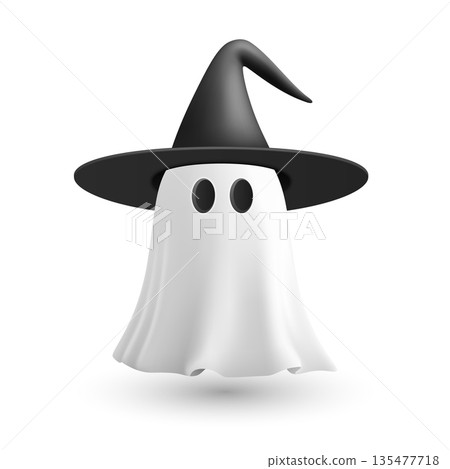 Vector 3d White Ghost with Witch Hat. Cute Simple White Ghost Vector Illustration. Halloween Ghost Character with Black Wizard Hat and Floating Sheet, Isolated. Design Template for Halloween 135477718