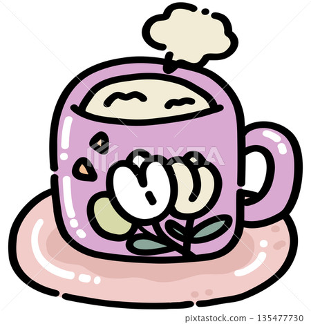 Cute Purple Floral Mug with Steam illustration Cute Purple Floral Mug with Steam illustration 135477730
