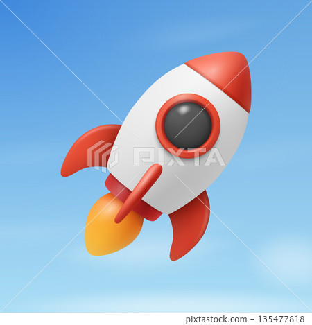Vector 3d Red and White Rocket Launch on a Blue Sky Background. Rocket Startup, Rocket Ship with Flame for Startup, Product Launch, Space, Mission Concept 135477818
