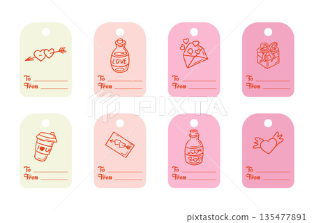 Set of hand drawn valentine gift tags with love symbols and handwritten elements in pastel colors isolated on white background. The image represents romantic gifting and holiday packaging concept Set of hand drawn valentine gift tags with love symbols and handwritten elements in pastel colors isolated on white background. The image represents romantic gifting and holiday packaging concept 135477891