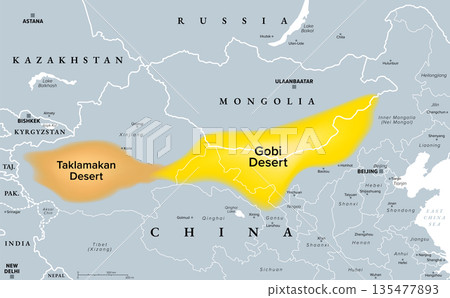 Gobi Desert and Taklamakan Desert, gray political map. Gobi, a large, cold desert and grassland region in southern Mongolia and North China, and Taklamakan in Xinjiang, northwest China. Vector 135477893