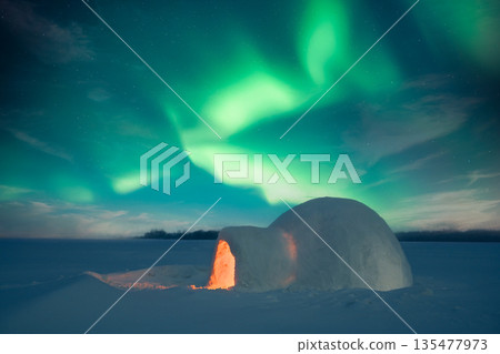 Aurora borealis and igloo in snowy field Aurora borealis and igloo in snowy field 135477973