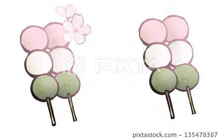 Illustration material: Cherry blossoms and cherry blossom viewing dumplings 2, Japanese sweets Illustration material: Cherry blossoms and cherry blossom viewing dumplings 2, Japanese sweets 135478387