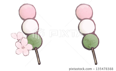 Illustration material: Cherry blossoms and cherry blossom viewing dumplings 1, Japanese sweets 135478388