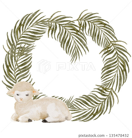 Palm leaf wreath with resting lamb watercolor isolated on white, olive green palette, gentle hand-painted style, circular botanical frame with copy space, ideal for Easter, Palm Sunday, faith designs 135478432