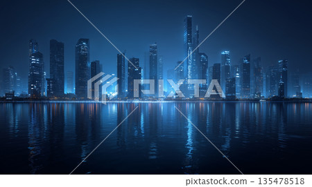 賽博龐克風格的摩天大樓倒映在水面上 135478518
