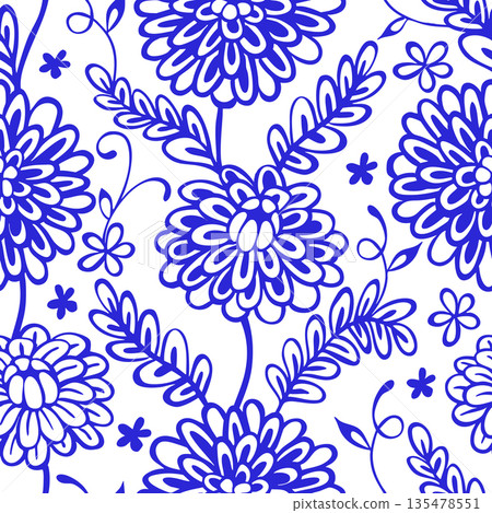 Vector illustration. Seamless pattern of blue floral ornaments in folk style. Vector illustration. Seamless pattern of blue floral ornaments in folk style. 135478551