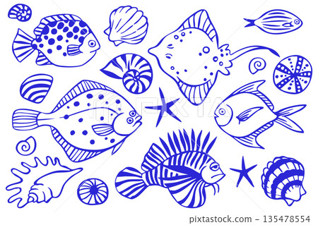 Set of abstract sea fish. Vector illustration of a Mediterranean holiday, tropical blue fish. Set of abstract sea fish. Vector illustration of a Mediterranean holiday, tropical blue fish. 135478554