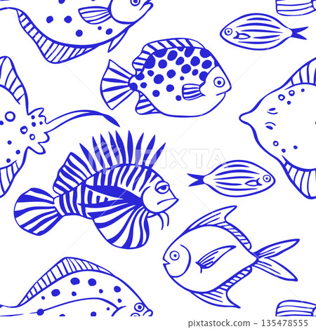 Seamless pattern with sea fish. Vector print with abstract blue fish. 135478555