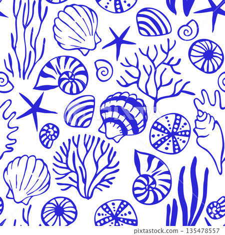 Seamless pattern with blue seaweed and shells. Vector illustration. Seamless pattern with blue seaweed and shells. Vector illustration. 135478557