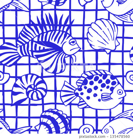 Seamless vector pattern with blue fish on a checkered background. 135478560