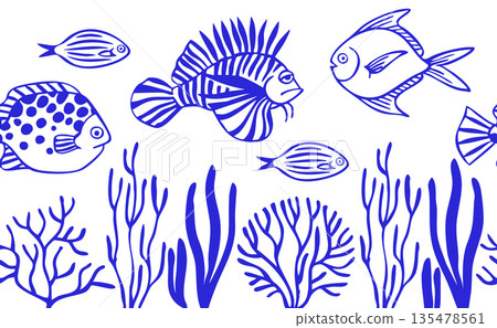 Seamless frame with sea fish and seaweed. Vector frame with abstract blue fish. Seamless frame with sea fish and seaweed. Vector frame with abstract blue fish. 135478561