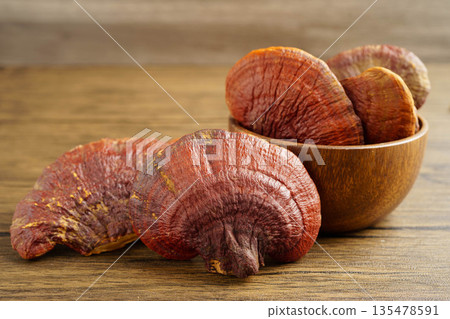 Lingzhi or Reishi mushroom with capsules, organic natural healthy food. Lingzhi or Reishi mushroom with capsules, organic natural healthy food. 135478591