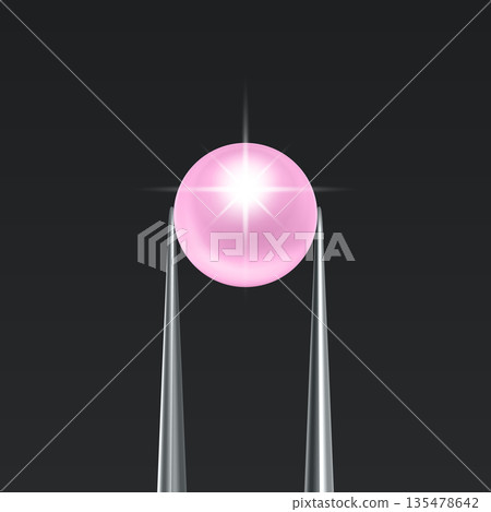 Vector Jewelry Tweezers Holding Pink Pearl on Black Background. Luxury Pearl Jewelry Banner, Elegant Pear Template for Jewelry Store, Fashion Accessory, Gemstone Design, Precious Stone Decoration 135478642
