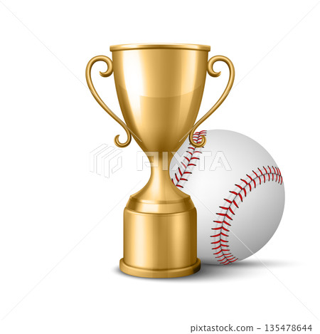 Vector 3d Gold Trophy Cup with Baseball Ball, Isolated. Trophy Winner Award and Trophy Championship Prize. Sports Competition Victory. Baseball Tournament Icon 135478644