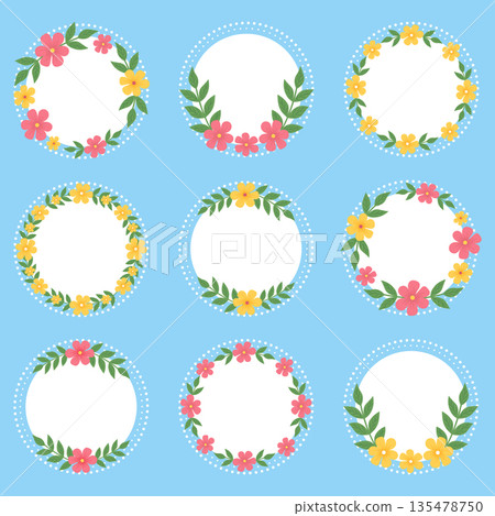 Spring floral wreath frames set with pink and yellow flowers on pastel blue background. Spring floral wreath frames set with pink and yellow flowers on pastel blue background. 135478750