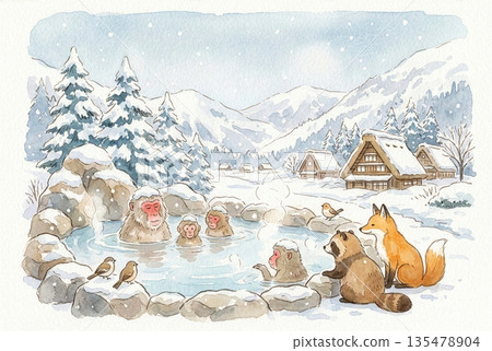 冬季，森林動物們在山村享受溫泉。 135478904