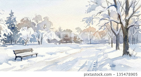 冬季公園風景水彩畫 冬季公園風景水彩畫 135478905
