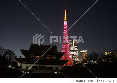 Tokyo Tower and Zojoji Temple lit up in pink January, Minato Ward 2413 135478925