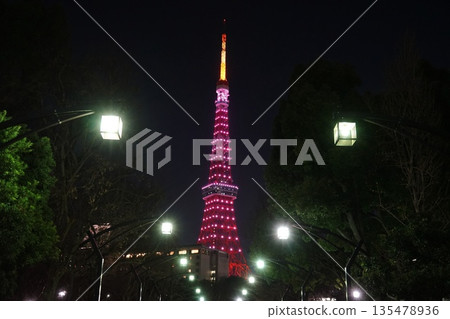 Tokyo Tower and street lights lit up in pink January, Minato Ward 2424 135478936