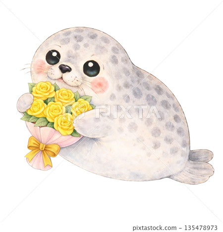 【父親節】色鉛筆插畫，一隻斑點海豹叼著一朵玫瑰 135478973