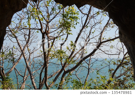 View from the cave to the sea.View from a stone cave of blue sky, turquoise sea and garden. View from the cave to the sea.View from a stone cave of blue sky, turquoise sea and garden. 135478981