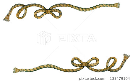 Vintage watercolor nautical frame made of twisted hemp rope and sailor knots. Hand-painted maritime adventure border elements for pirate treasure maps, antique scrolls, and marine invitation designs. 135479104