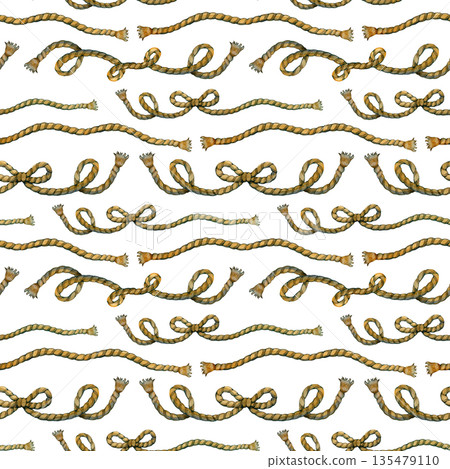 Rustic watercolor seamless pattern with natural hemp ropes and decorative bows. Elegant hand-painted repeating design featuring textured cords for coastal branding and farmhouse interior decor. Rustic watercolor seamless pattern with natural hemp ropes and decorative bows. Elegant hand-painted repeating design featuring textured cords for coastal branding and farmhouse interior decor. 135479110
