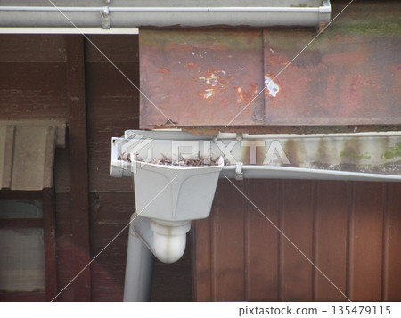Dead grass accumulating in an old gutter 135479115