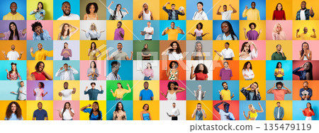 A vibrant collage featuring a diverse group of people showcasing their personalities. Each individual expresses happiness through gestures and smiles, set against colorful backgrounds. 135479119