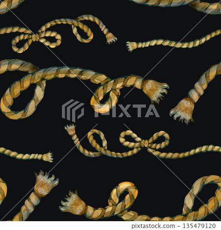 Vintage watercolor seamless pattern featuring twisted nautical ropes and sturdy sailor knots. Hand-painted maritime adventure design with hemp cords for pirate treasure maps and marine decor. 135479120