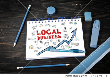 Local Business Sketch With Search Text And Rising Growth Arrow On Notebook 135479191