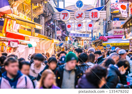 Tokyo cityscape in Japan on New Year's Day. Inbound tourism continues... It's like a "foreign country," with Ameyoko and other areas bustling with foreign tourists. 135479202
