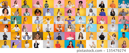 Multiracial individuals showcase a variety of smiles and gestures, reflecting joy, confidence, and diversity. The bright background enhances their vibrant expressions, symbolizing unity in difference. Multiracial individuals showcase a variety of smiles and gestures, reflecting joy, confidence, and diversity. The bright background enhances their vibrant expressions, symbolizing unity in difference. 135479274