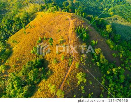 Aerial view mountains land and dry grass in ranong Thailand Aerial view mountains land and dry grass in ranong Thailand 135479436
