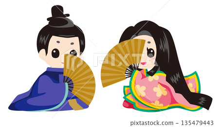 平安時代風格的男女插圖 | 日式裝飾材料,配有扇子 平安時代風格的男女插圖 | 日式裝飾材料,配有扇子 135479443
