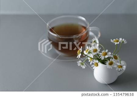 玻璃茶杯和茶具-淺藍色背景上的溫馨下午茶時光(留白) 玻璃茶杯和茶具-淺藍色背景上的溫馨下午茶時光(留白) 135479638