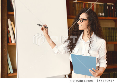 Presentation Concept. Portrait of smiling professional female manager in eyeglasses posing near blank empty whiteboard. Woman in white shirt standing with marker and writing on flipchart, copy space 135479657