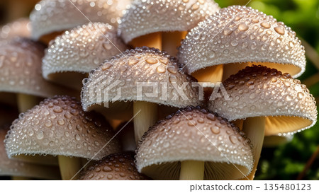 Close-Up Macro of Moist Clustered Mushrooms Covered with Dew Drops in Soft Natural Light, Highlighting Texture and Freshness in Nature 135480123