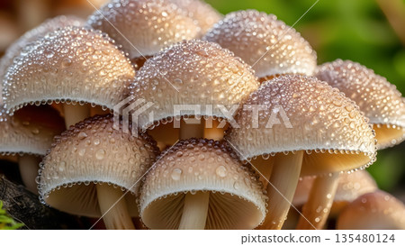 Close-Up Macro of Moist Clustered Mushrooms Covered with Dew Drops in Soft Natural Light, Highlighting Texture and Freshness in Nature 135480124