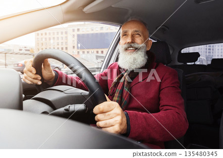 Handsome elderly grey-haired man with long beard sitting inside new car, traveling alone or going to office, senior businessman going to business meeting by his auto, shot from front panel 135480345
