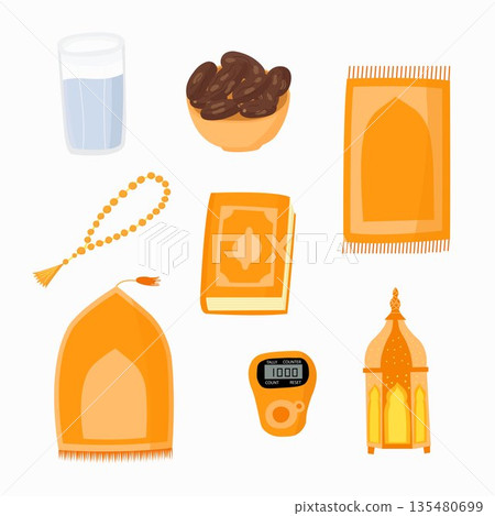 Ramadan prayer essentials illustration set in orange colors Ramadan prayer essentials illustration set in orange colors 135480699