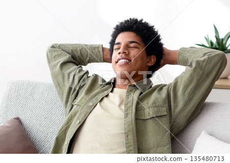 Calm young teen guy relaxing on sofa, napping with closed eyes, feeling peaceful at home, panorama. Positive African American teenager having day off, taking break from work or studies 135480713