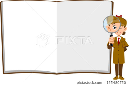 A female detective looking through a magnifying glass in front of a notebook 135480750