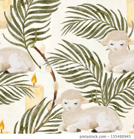 Watercolor seamless pattern with lambs, palm leaves, pussy willow branches and candles on cloud white background, hand-painted in natural tones, Christian Easter and Palm Sunday design for fabric 135480945